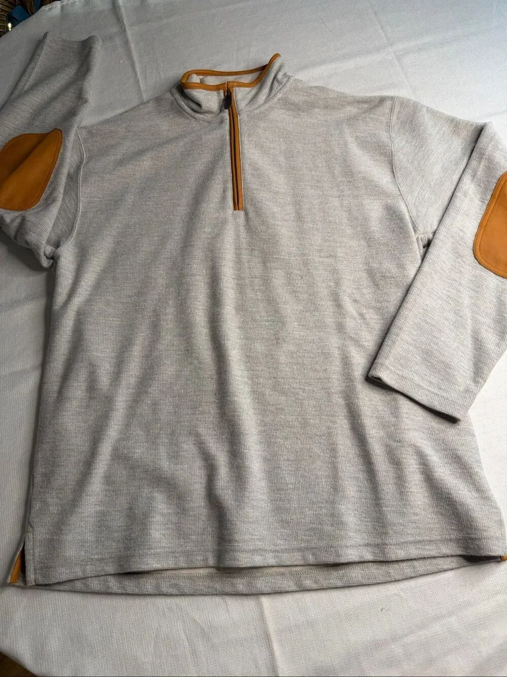 Orvis Grey Quarter Zip Pullover Leather Elbow Patch Sweater Size Large